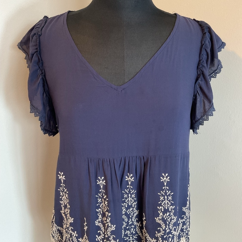 Source Unknown Blue Cream Ruffled Cap Sleeve Embroidered Boho Blouse Top Large - Picture 2 of 10